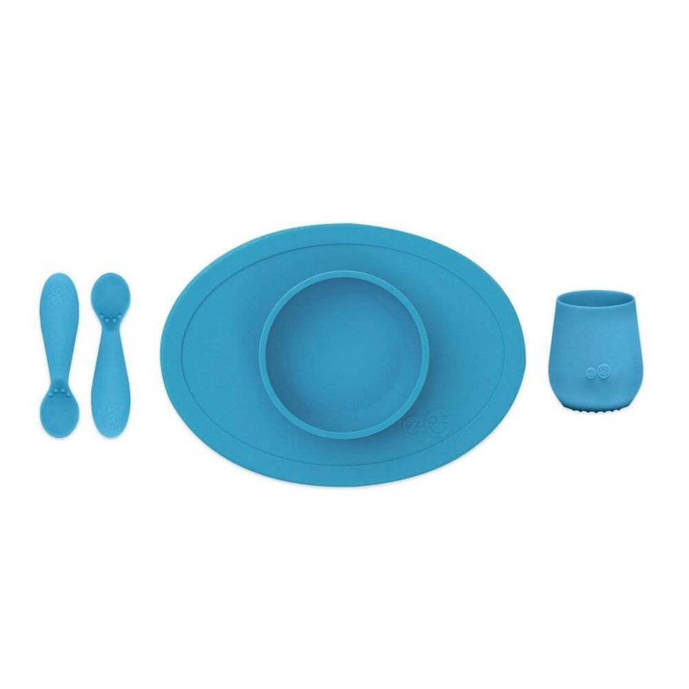 ezpz First Food Set - Blue - 4pc: Non-Slip Grip BPA-Free Silicone Solid Pattern